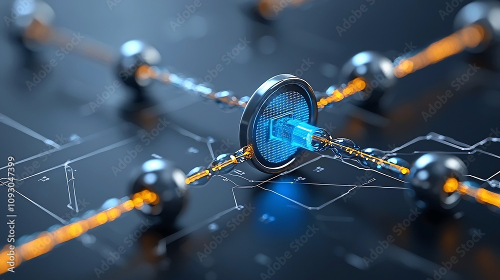 Poster Digital showcasing quantum particles converging to create a geometric key icon