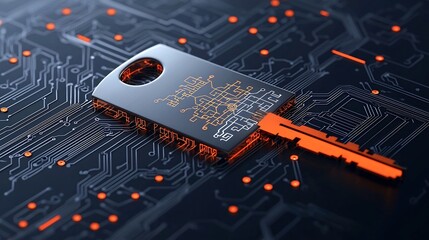 Abstract of a key shape with quantum bits and circuit patterns representing the concept of quantum safe encryption and advanced digital security technology