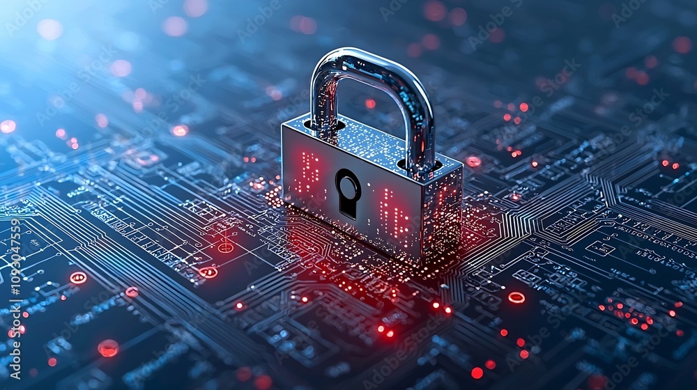 Poster Secure Digital Lock with Quantum Circuits Guarding Data Protection Through Advanced Cryptography Techniques Illustrating the Future of Cybersecurity and Digital Infrastructure