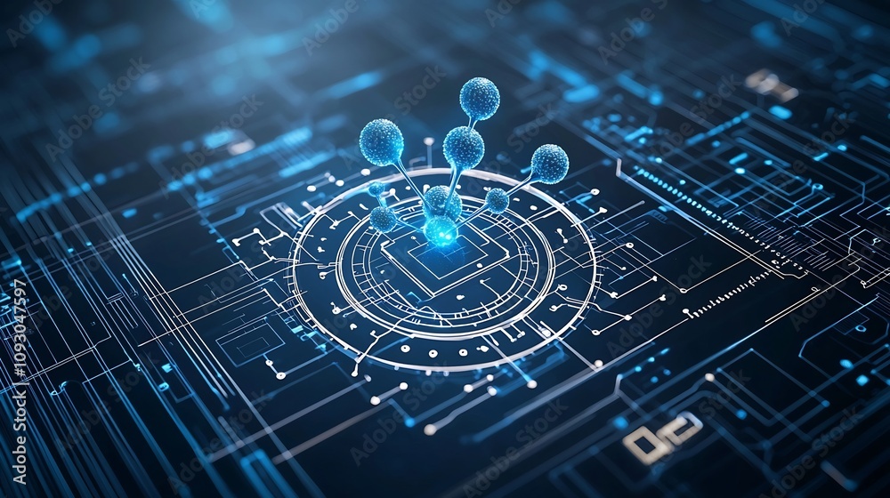 Fototapete of an encryption symbol with quantum particles and a digital lock showcasing the strength and security of quantum cryptographic methods for protecting data and information