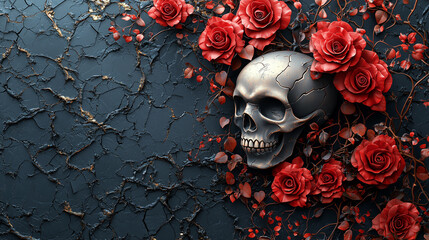 3D vector illustration of red roses and a skull on a black background, a tattoo design for a t-shirt print, in the style of digital art. Gothic style.
