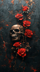 3D vector illustration of red roses and a skull on a black background, a tattoo design for a t-shirt print, in the style of digital art. Gothic style.
