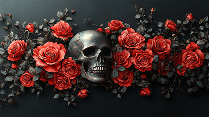 3D vector illustration of red roses and a skull on a black background, a tattoo design for a t-shirt print, in the style of digital art. Gothic style.