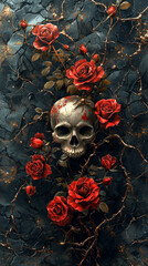 3D vector illustration of red roses and a skull on a black background, a tattoo design for a t-shirt print, in the style of digital art. Gothic style.