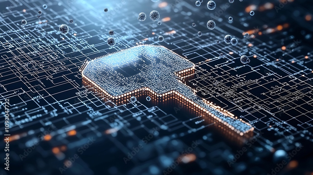 Poster A striking visual representation of secure encryption technology featuring a quantum key icon surrounded by dynamic data streams and glowing particles