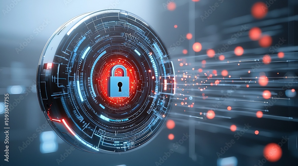 Poster Quantum Particles Forming Around a Digital Lock Showcasing the Concept of Robust Data Security in Quantum Communication Networks of the Future