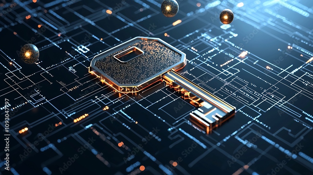 Aufkleber Secure Quantum Key Icon with Flowing Data Streams and Floating Particles Highlighting Encryption Technology for Cybersecurity and Digital Protection Concepts