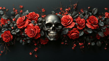 3D vector illustration of red roses and a skull on a black background, a tattoo design for a t-shirt print, in the style of digital art. Gothic style.