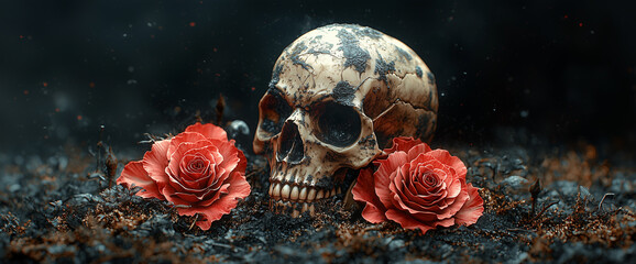 3D vector illustration of red roses and a skull on a black background, a tattoo design for a t-shirt print, in the style of digital art. Gothic style.