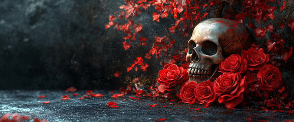 3D vector illustration of red roses and a skull on a black background, a tattoo design for a t-shirt print, in the style of digital art. Gothic style.