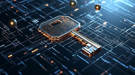 Secure Quantum Key Icon with Flowing Data Streams and Floating Particles Highlighting Encryption Technology for Cybersecurity and Digital Protection Concepts