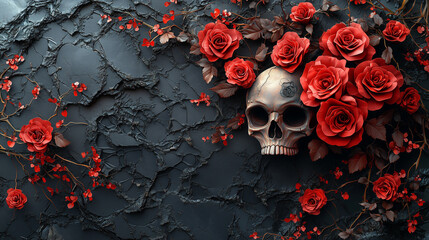 3D vector illustration of red roses and a skull on a black background, a tattoo design for a t-shirt print, in the style of digital art. Gothic style.