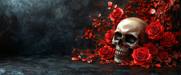 3D vector illustration of red roses and a skull on a black background, a tattoo design for a t-shirt print, in the style of digital art. Gothic style.