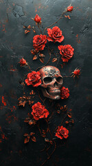 3D vector illustration of red roses and a skull on a black background, a tattoo design for a t-shirt print, in the style of digital art. Gothic style.