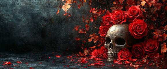 3D vector illustration of red roses and a skull on a black background, a tattoo design for a t-shirt print, in the style of digital art. Gothic style.