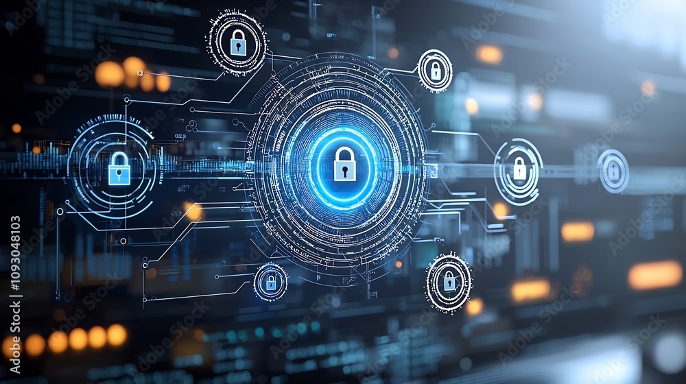 Poster Vibrant abstract quantum network with digital keys and lock icons showcasing the cutting edge applications of quantum computing in advanced encryption and cybersecurity