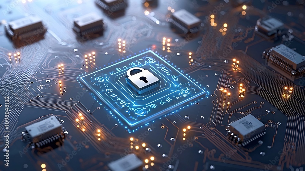Aufkleber High Tech Quantum Circuit Board with Data Lock Icons Representing the Complex Technology of Quantum Cryptography for Secure Digital Communication and Information Processing