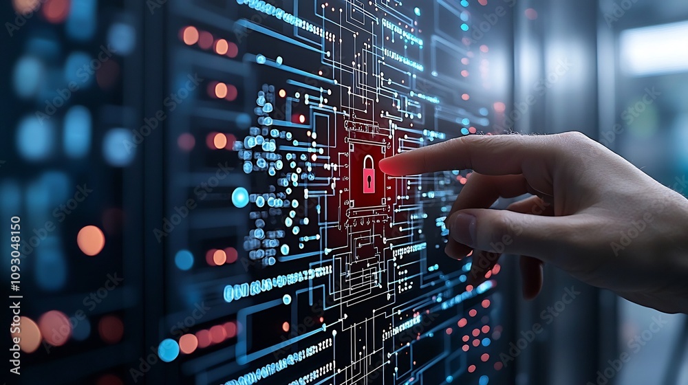 Poster Quantum circuits interwoven with encryption locks and complex algorithms highlighting technological advancements in secure digital data storage and communication systems