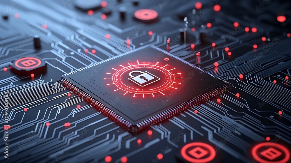Leinwandbilder Highly detailed quantum circuit board with data lock icons symbolizing the complex technology and engineering behind quantum cryptography and data security  The image features a futuristic abstract