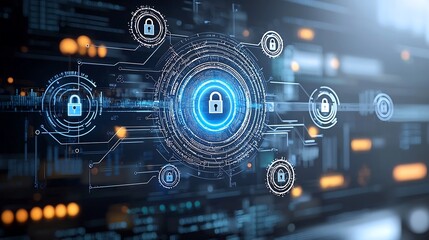 Vibrant abstract quantum network with digital keys and lock icons showcasing the cutting edge applications of quantum computing in advanced encryption and cybersecurity