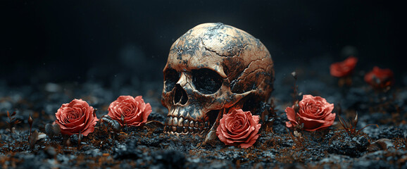 3D vector illustration of red roses and a skull on a black background, a tattoo design for a t-shirt print, in the style of digital art. Gothic style.