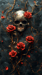 3D vector illustration of red roses and a skull on a black background, a tattoo design for a t-shirt print, in the style of digital art. Gothic style.