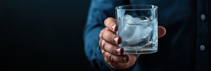A person gracefully holding a glass filled with ice water, epitomizing simplicity and refreshment, showcasing the importance of hydration in a modern lifestyle.