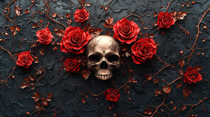3D vector illustration of red roses and a skull on a black background, a tattoo design for a t-shirt print, in the style of digital art. Gothic style.