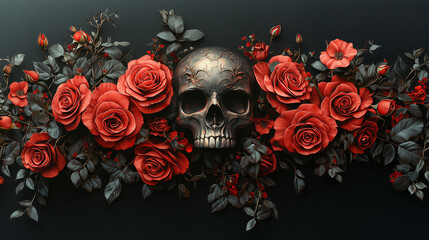 3D vector illustration of red roses and a skull on a black background, a tattoo design for a t-shirt print, in the style of digital art. Gothic style.