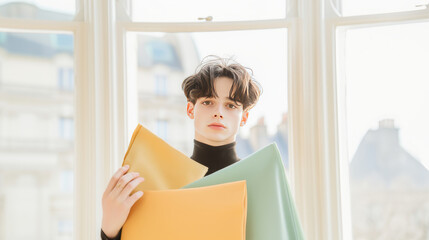 young person stands by large window holding colorful folders, with cityscape visible outside. soft light creates serene atmosphere