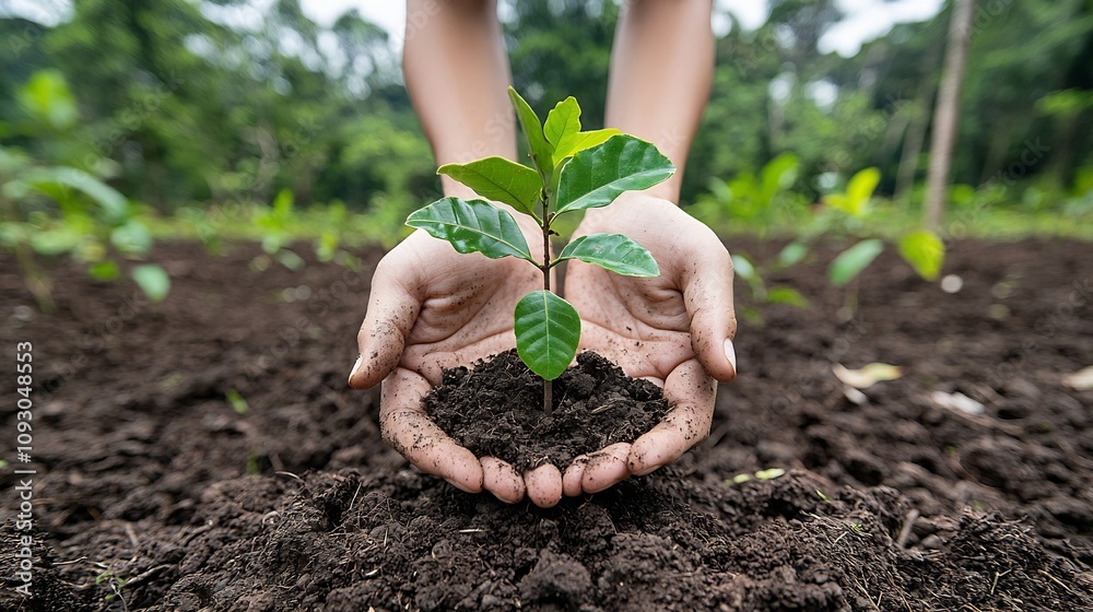 Poster Hands Holding a Small Tree Ready for Replanting in a Recovering Forest Area to Represent Efforts Towards Ecological and Reforestation