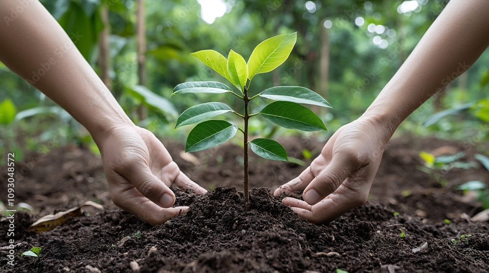 Poster hands gently holding a small tree sapling poised to be planted in a recovering forest area to repres