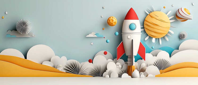 Launch of a whimsical rocket fantasy landscape digital art playful environment childlike perspective adventure concept