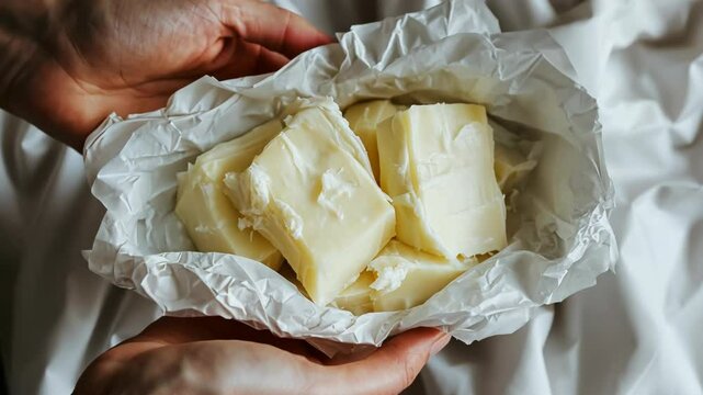 Hands hold shea butter chunks in white paper, a natural beauty product