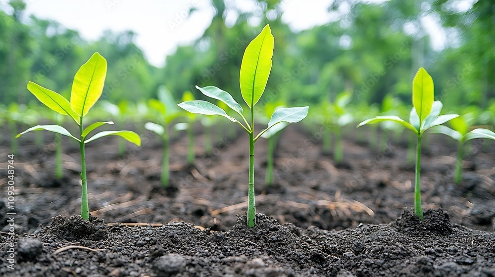 Poster Rows of growing young trees in a reforestation project symbolizing the renewal and of destroyed forest land through sustainable land management practices