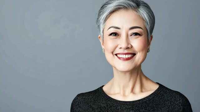 A woman with short gray hair is smiling for the camera. She is wearing a black dress and has her hair pulled back