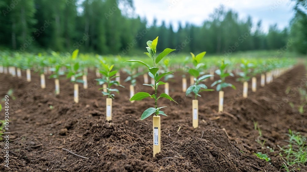 Leinwandbilder Rows of small lush green tree saplings lined up in a reclaimed forest area highlighting the process of forest and ecological