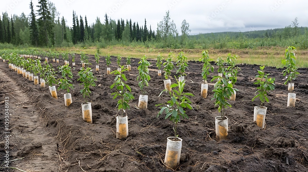 Poster Small tree saplings lined up in a reclaimed forest area highlighting the process of forest and environmental The image represents the concept of sustainability ecological conservation