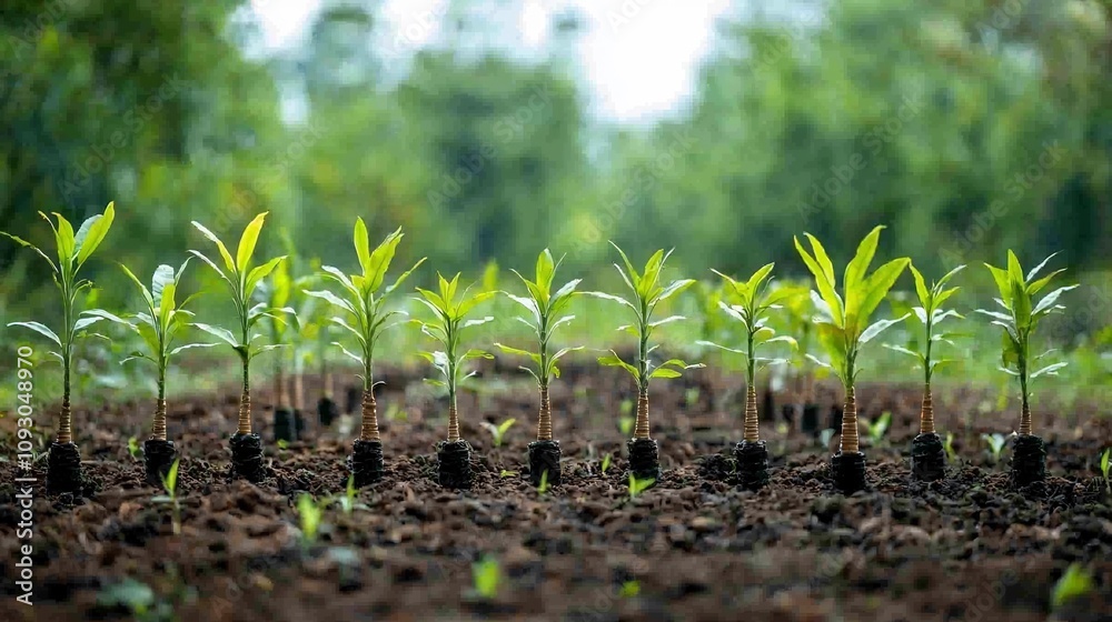 Leinwandbilder A row of small verdant tree saplings lined up in a reclaimed forest area emphasizing the process of natural forest and ecosystem