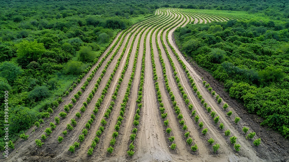 Poster Aerial view showcasing rows of newly planted trees in a reforested area representing the hope and efforts towards environmental recovery and forest