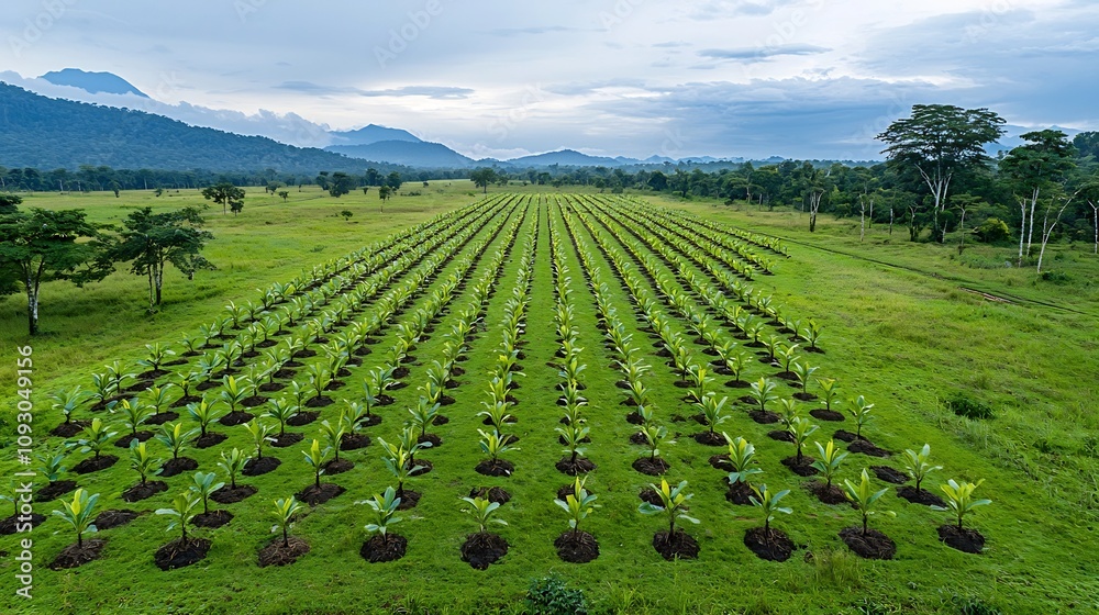 Poster Aerial perspective of a reforested landscape showing rows of newly planted trees symbolizing hope and progress in environmental recovery and forest renewal