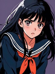 anime retro style 90s and 80s, a black hair woman wearing school uniform with intense emotion. Generative Ai