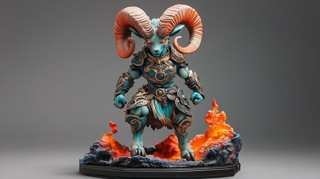 A Zodiac art toy of Aries with a battle-ready stance, wearing fiery armor and glowing horns, set on a volcanic base