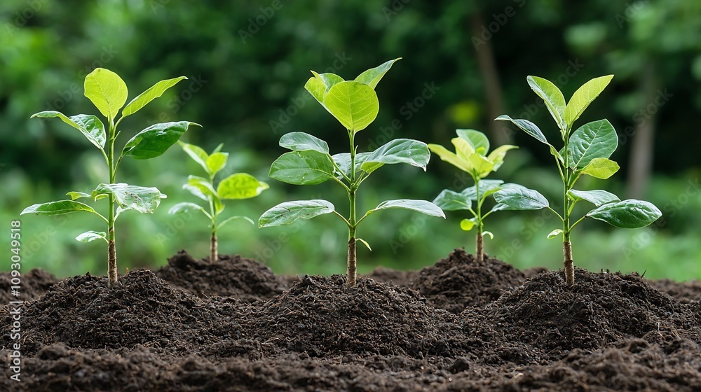 Aufkleber closeup view of soil and young tree saplings being planted in a reforestation project highlighting e