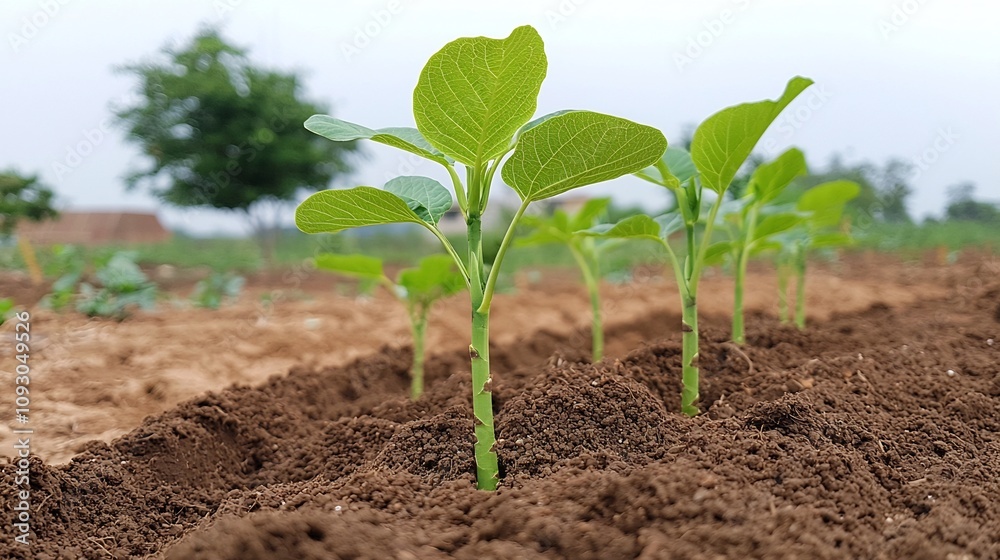 Poster Closeup of soil and freshly planted tree saplings in a reforestation project highlighting the process of environmental and the growth of new life