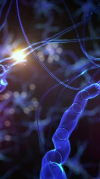 Journey through a neuron cell network inside the brain. Techno Blue. Loopable. Flying across a neuronal network, electric impulses passes by it. Synapse.