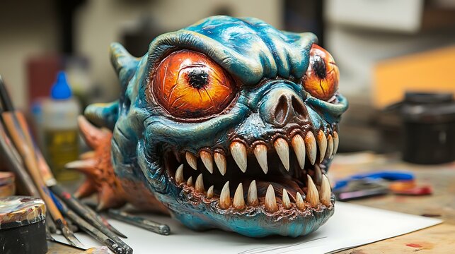 A designer sketching early concepts of a monster art toy on paper while surrounded by sculpting tools and paints