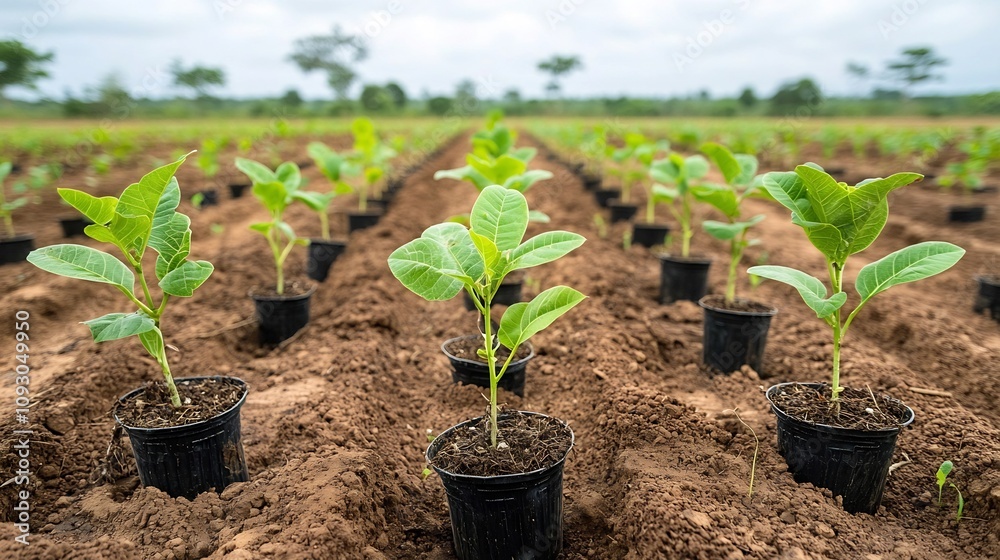 Poster Rows of small seedlings recently planted in an open field signifying the beginning of a new forest initiative to cultivate a sustainable eco friendly environment