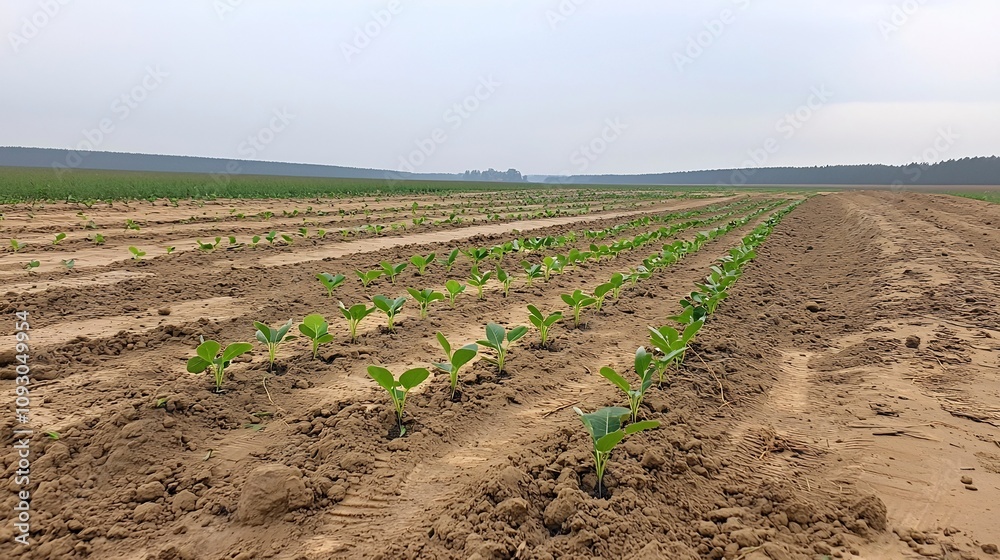 Poster rows of small seedlings planted in an open field signifying the beginning of a new forest initiative