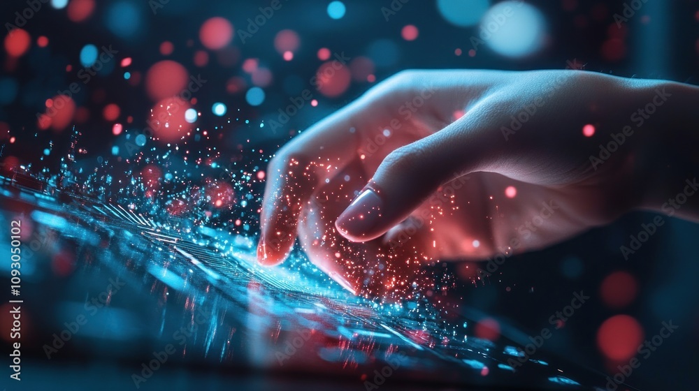 Poster fingertip interacting with futuristic digital interface